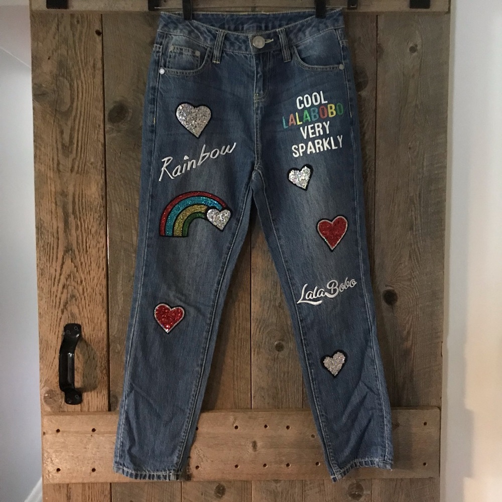 Women's Sparkly Blue Jeans with Heart Patches